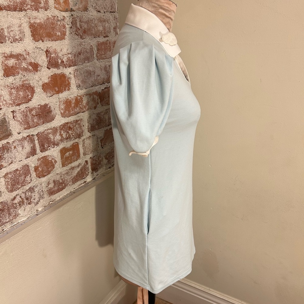 Grace Chow powder blue short sleeve mini shirt dress collared 3D wings Small - Picture 7 of 14